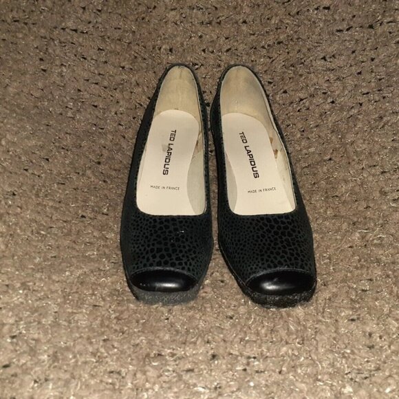 Vintage TED LAPIDUS-Black Suede/Leather Patterned Wedges-Sz 38-Excellent - Picture 3 of 7